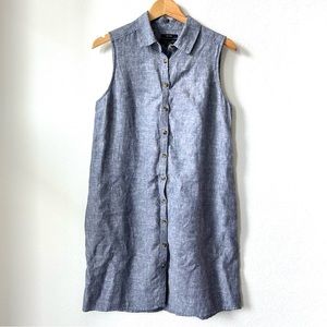 Tahari 100% Linen Blue Sleeveless Button Down Shirt Dress